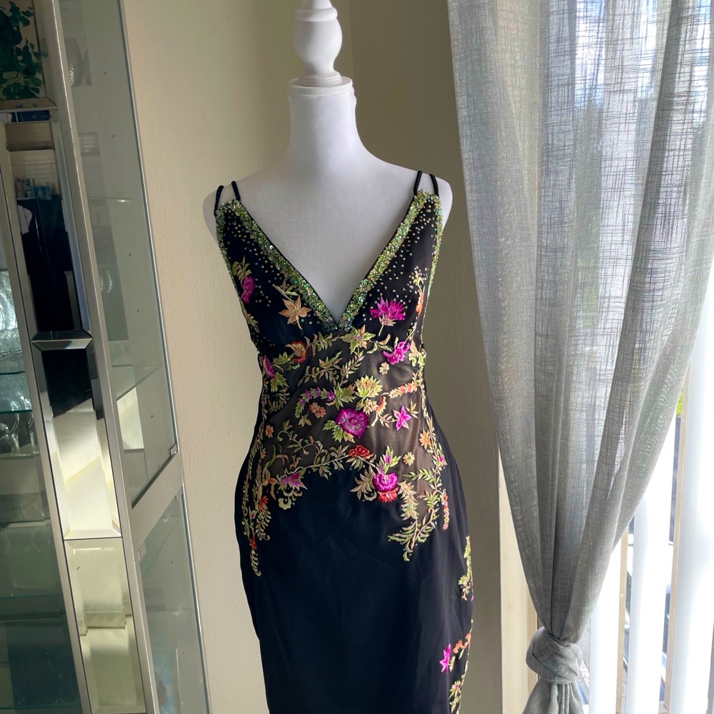 CACHE Satin Sequin Beaded Floral Dress 6